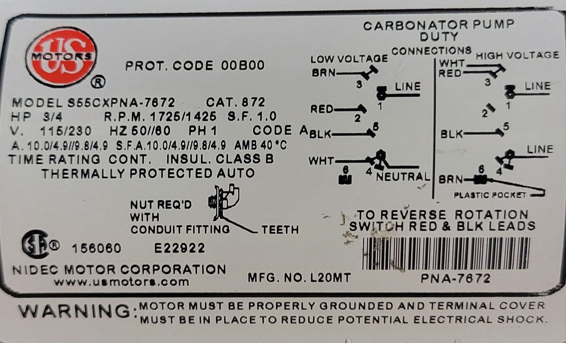US Motors (Nidec) 872 - Carbonator Pump Motor - 1 ph, 3/4 hp, 1800 rpm, 115/230 V, 48Z Frame, ODP Enclosure, 50/60 Hz Motors US Motors