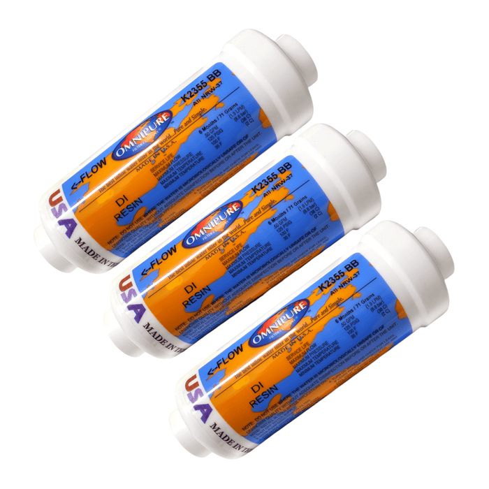 Omnipure K2355-BB All NRW-37 DI Resin Size 6" x 2" With 1/4" Female port Thread DI Resin | mixed bed Lower TDS Omnipure 3 Pack