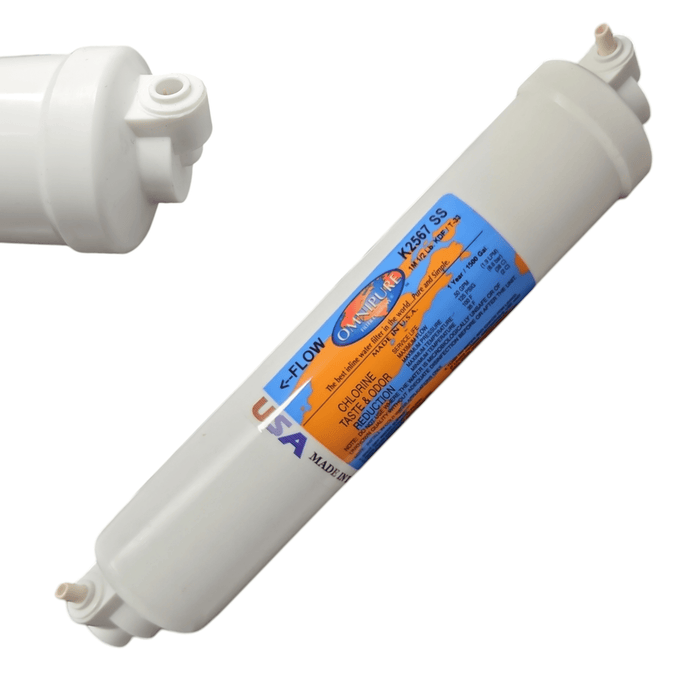 Omnipure K2567-SS Inline GAC + KDF-55 10" x 2 1/4"QC KDF+GAC | Chlorine Taste& Bacteria Removal Omnipure 1 Pack