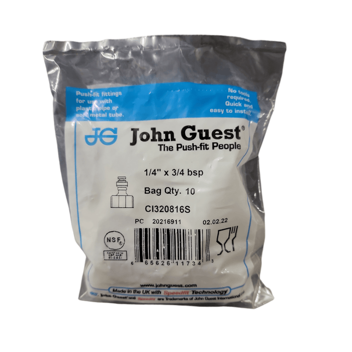 John Guest CI320816S Tap Adaptor - 1/4" x 3/4"BSP Thread FEMALE CONNECTOR FEMALE Grey Acetal JOHN GUEST 10-Pack 