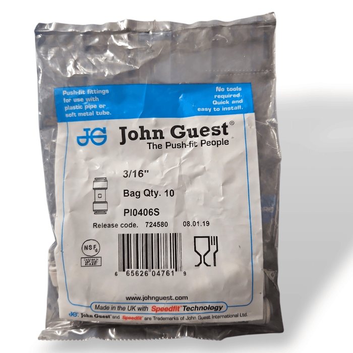 John Guest PI0406S Union Connector - 3/16" UNION CONNECTOR Grey Acetal JOHN GUEST 10-Pack 