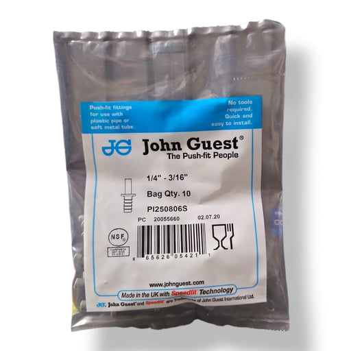 John Guest PI250806S Stem Barb Connector - 1/4" OD Stem x 3/16" ID Barb STEM TO HOUSE BARB Grey Acetal JOHN GUEST 10-Pack 