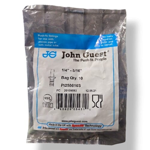 John Guest PI250810S Stem Barb Connector - 1/4" OD Stem x 5/16" ID Barb STEM TO HOUSE BARB Grey Acetal JOHN GUEST 10-Pack 