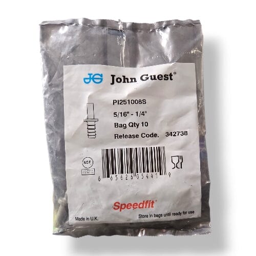 John Guest PI251008S Stem Barb Connector - 5/16" OD Stem x 1/4" ID Barb STEM TO HOUSE BARB Grey Acetal JOHN GUEST 10-Pack 