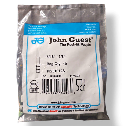 John Guest PI251012S Stem Barb Connector - 5/16 OD Stem x 3/8 ID Barb STEM TO HOUSE BARB Grey Acetal JOHN GUEST 