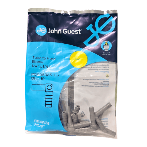 John Guest PI290808S Stem Elbow Barb Connector - 1/4" OD Stem x 1/4" ID Barb STEM TO HOSE BARB ELBOW Gray Acetal JOHN GUEST 10 pack