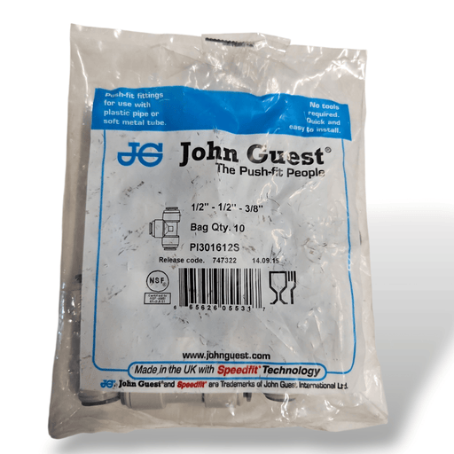 John Guest PI301612S Reducing Tee - 1/2 x 1/2 x 3/8 REDUCING TEE Grey Acetal JOHN GUEST 10-Pack 