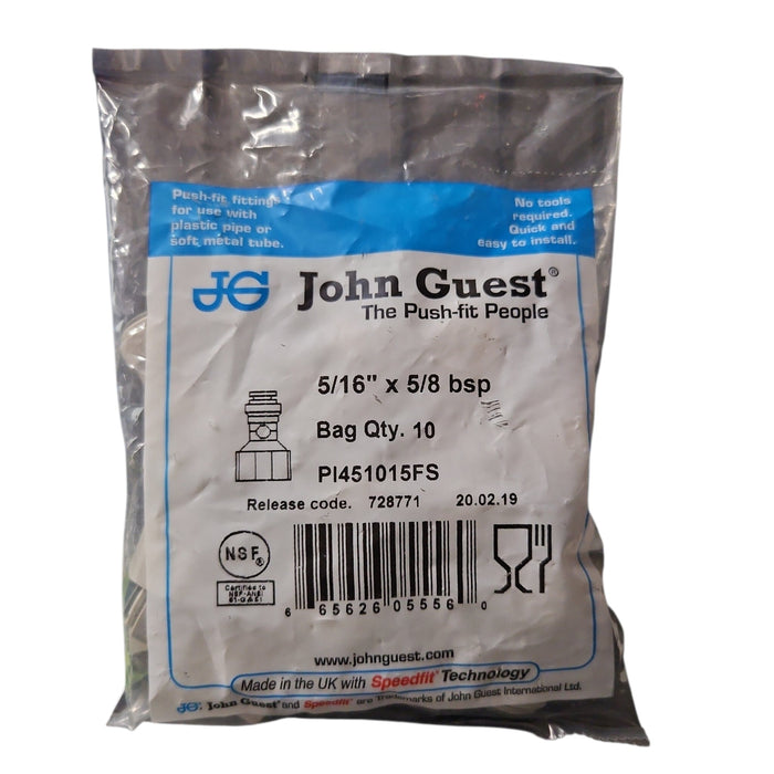 John Guest PI451015FS Female Adapter-Flat End 5/16" x 5/8" BSP FEMALE CONNECTOR FEMALE Grey Acetal JOHN GUEST 10-Pack 