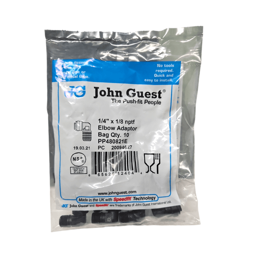 John Guest Fixed Elbow PP480821E Black Polypropylene 1/4"x 1/8" NPTF Fixed Elbow Adaptor Black Polypropylene JOHN GUEST 10 Pack