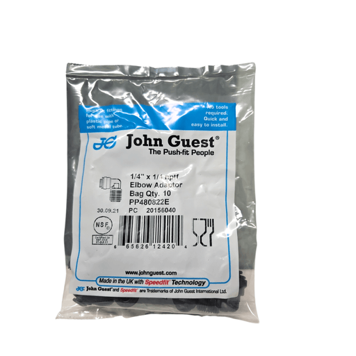 John Guest Fixed Elbow PP480822E Black Polypropylene 1/4"x 1/4" NPTF Fixed Elbow Adaptor Black Polypropylene JOHN GUEST 10 Pack