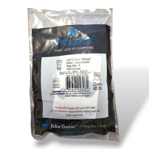 John Guest PSEI012026E ProLock 1/2" CTS Push-to-Connect to 3/4" Npt Male connector – for Copper Tube, Plumbing & Water Softeners, Black John Guest Copper Tube Size Male Connector John Guest 5 Pack 