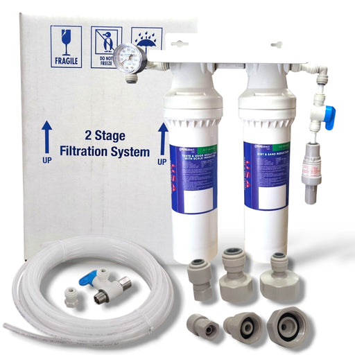 2-Stage Ice Maker Water Filtration Kit – Sediment, Carbon & Phosphate Scale Inhibitor Ice Maker Water Filtration Kits Pure Direct USA 1/4" Tubing Size 