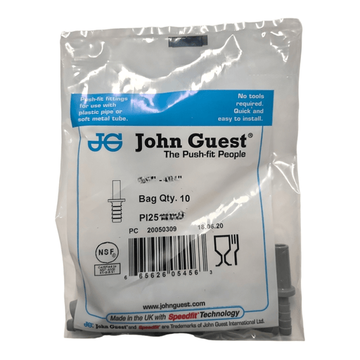 John Guest PI250808S Stem Barb Connector - 1/4" OD Stem x 1/4" ID Barb STEM TO HOUSE BARB Grey Acetal JOHN GUEST 10 Pack