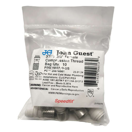 John Guest ( PP6008U9W ) Female Compression Connector - 1/4 x 9/16-24 UNEF Female Adapter NPTF John Guest 10 Pack 