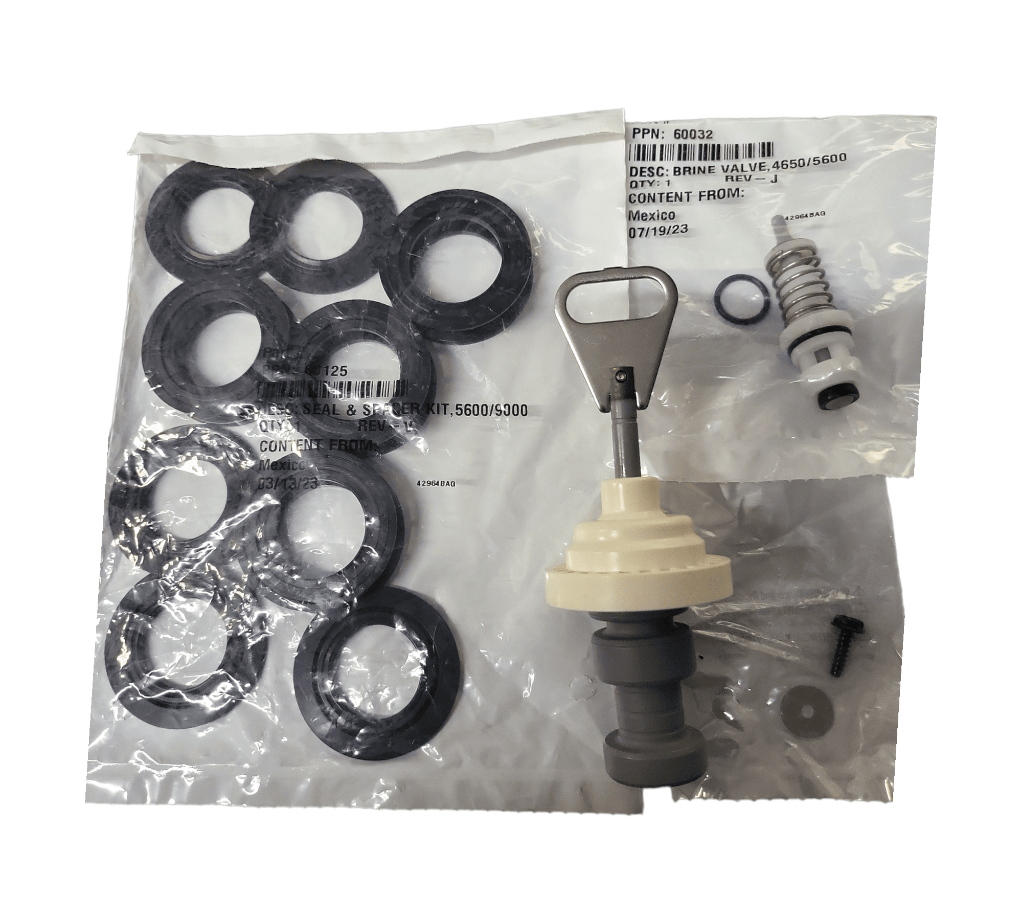 Genuine Fleck 5600SXT Water Softener Rebuild Kit – Includes Piston 60102-71, Seal & Spacer 60125, Brine Valve 60032 – OEM Quality Parts